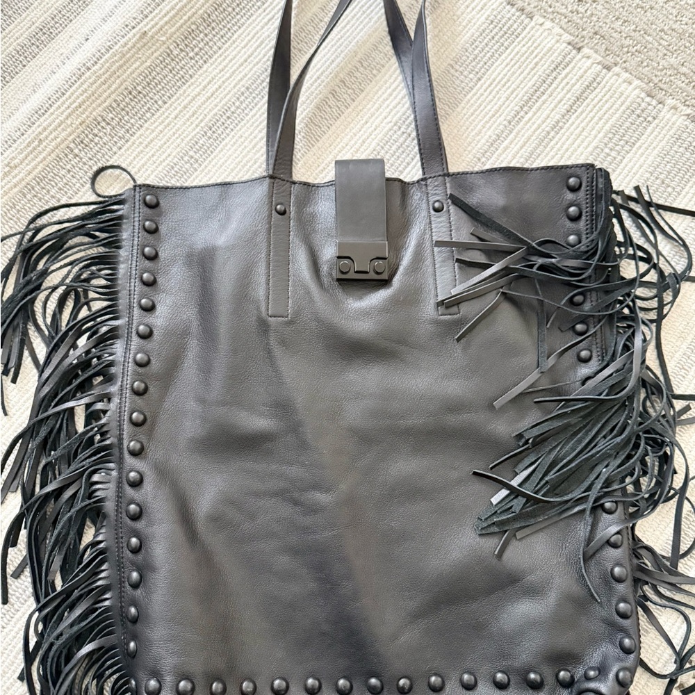 Loeffler Randall  Black Calf Leather FringedTote Shoulder Purse